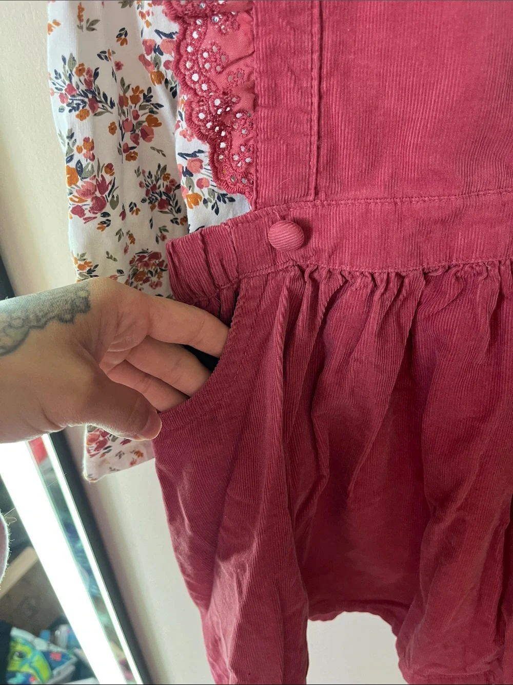 Shabby Chic Burgundy Corduroy Pinafore Dress with Floral Top